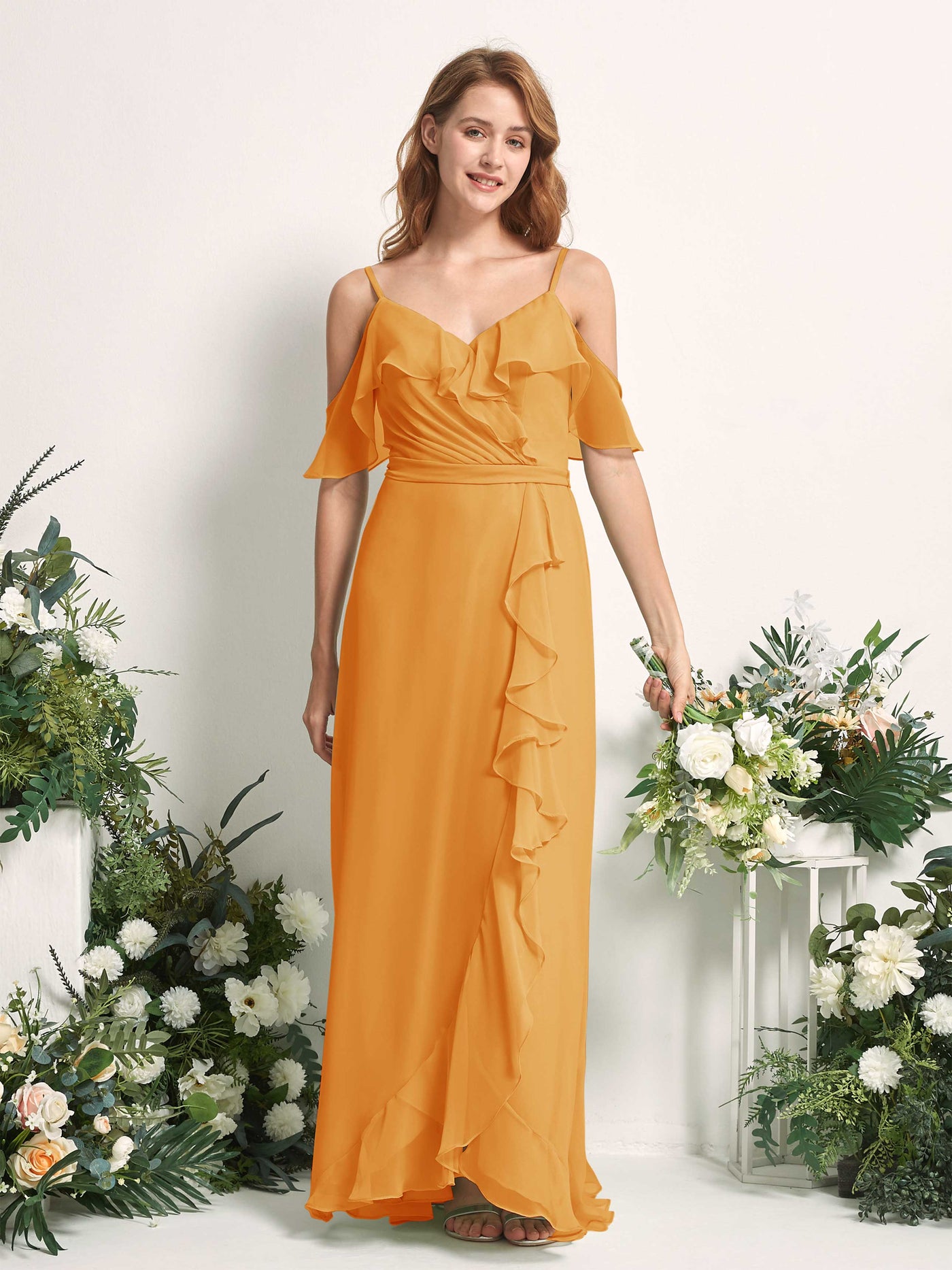 Bridesmaid Dress A-line Chiffon Spaghetti-straps Full Length Sleeveless Wedding Party Dress - Mango (81227402)#color_mango