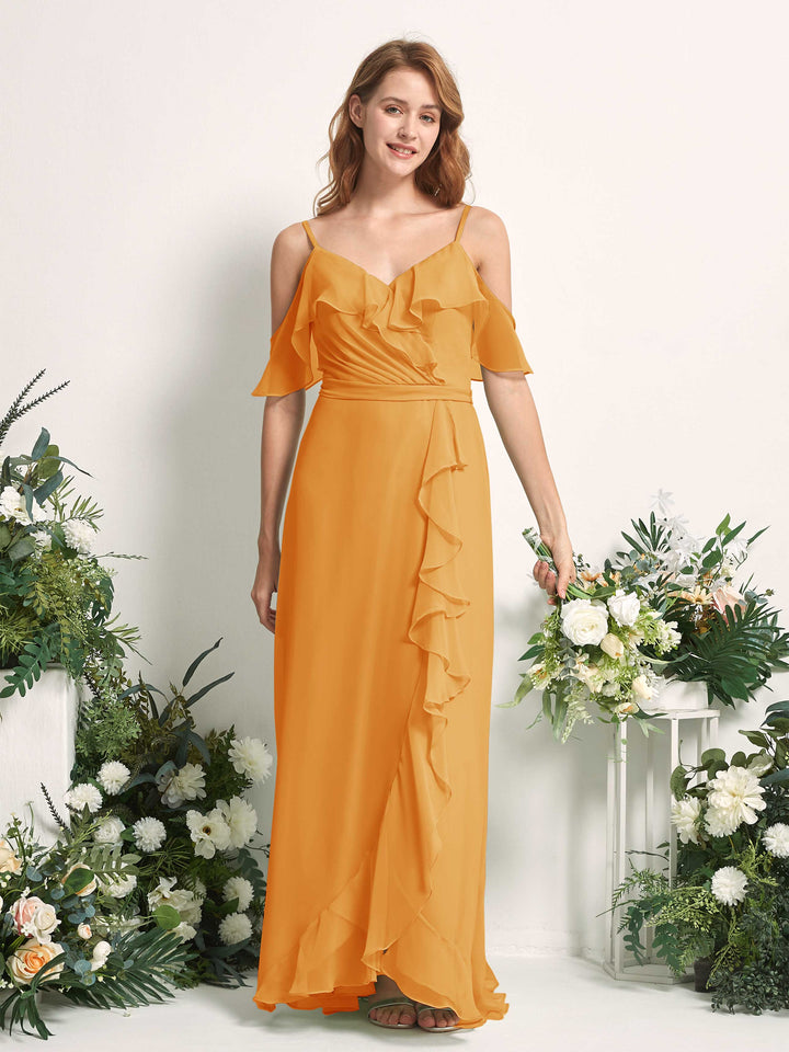 Bridesmaid Dress A-line Chiffon Spaghetti-straps Full Length Sleeveless Wedding Party Dress - Mango (81227402)