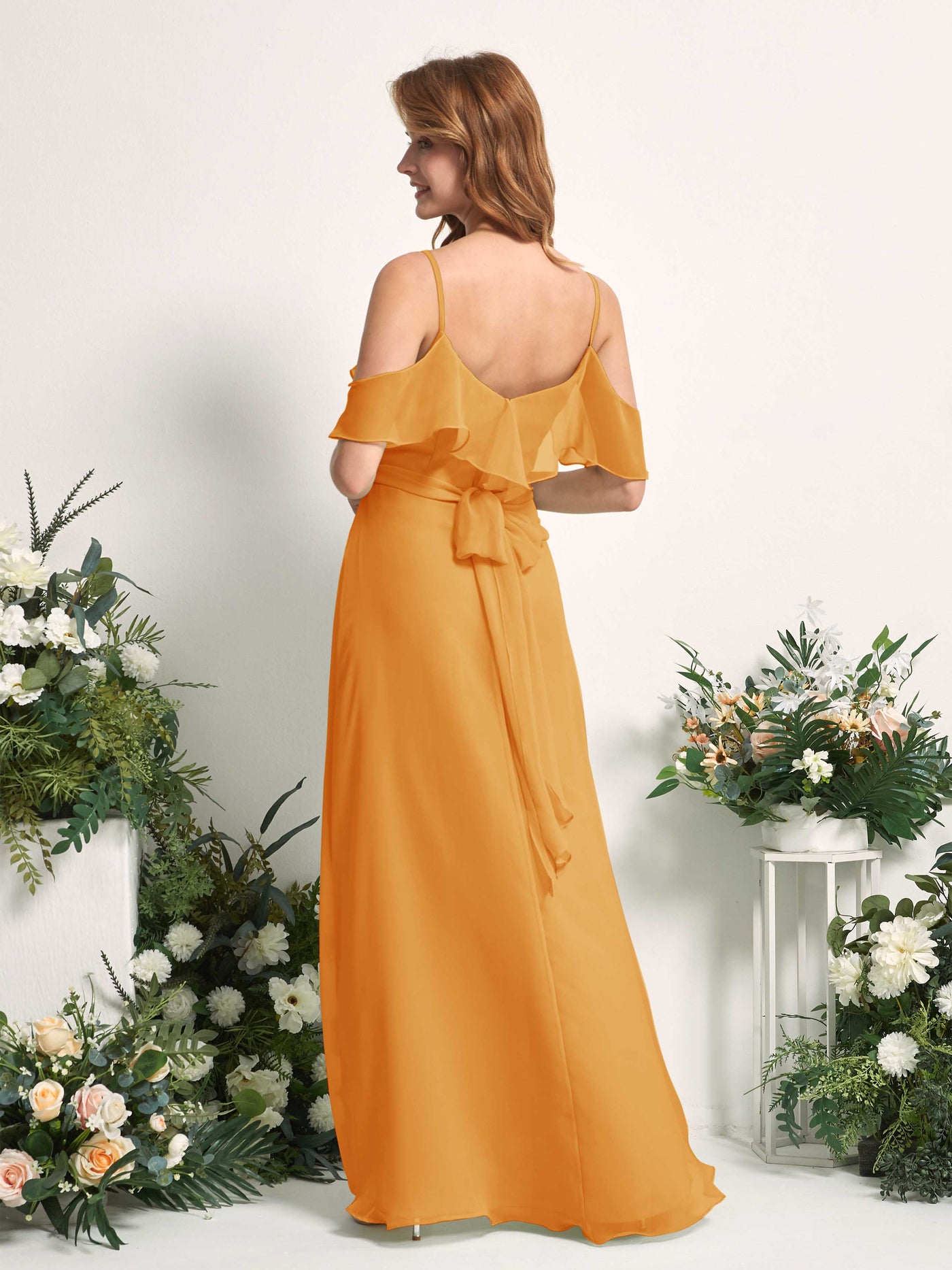 Bridesmaid Dress A-line Chiffon Spaghetti-straps Full Length Sleeveless Wedding Party Dress - Mango (81227402)#color_mango