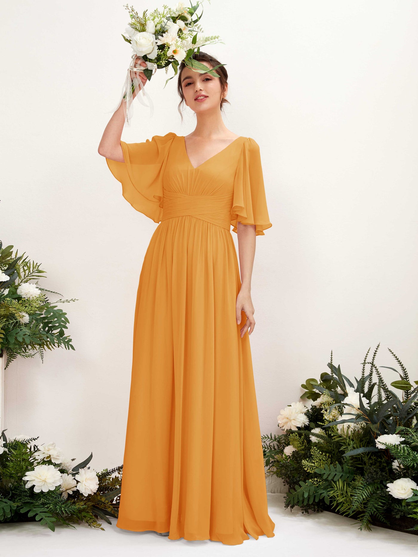 Mango Bridesmaid Dresses Bridesmaid Dress A-line Chiffon V-neck Full Length 1/2 Sleeves Wedding Party Dress (81221602)#color_mango