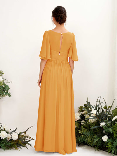 Carlyna Odette A-Line Mango Bridesmaid Dress Maxi Short Sleeve V-Neck Dress Back View #color_mango