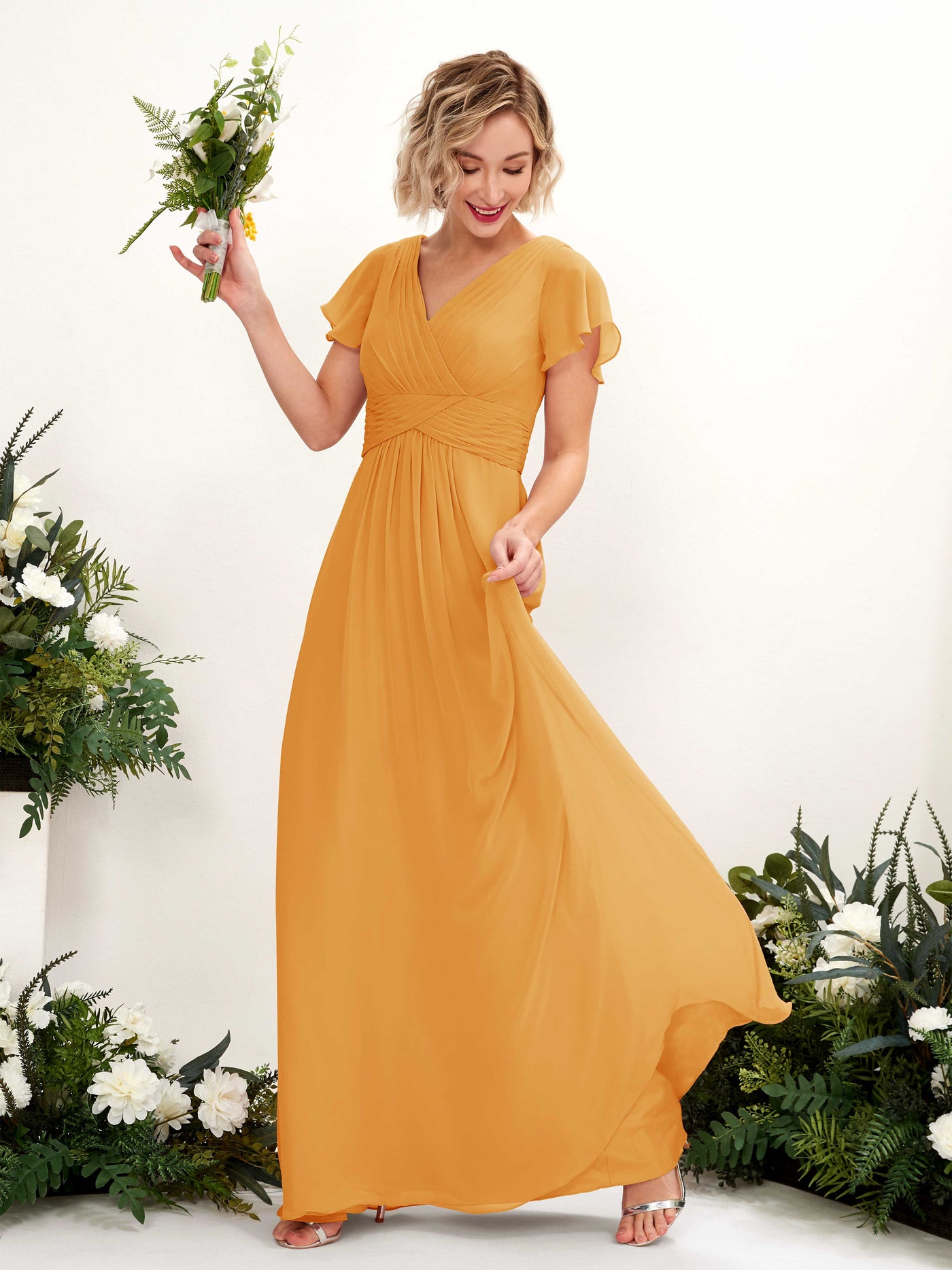 Mango Bridesmaid Dresses Bridesmaid Dress A-line Chiffon V-neck Full Length Short Sleeves Wedding Party Dress (81224302)#color_mango