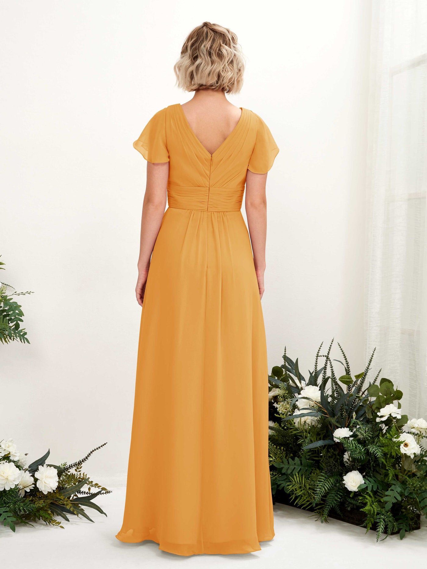 Mango Bridesmaid Dresses Bridesmaid Dress A-line Chiffon V-neck Full Length Short Sleeves Wedding Party Dress (81224302)#color_mango