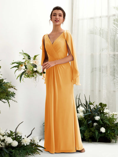 Mango Bridesmaid Dresses Bridesmaid Dress A-line Chiffon Straps Full Length Long Sleeves Wedding Party Dress (80220102)#color_mango