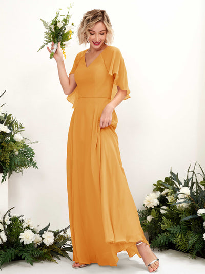 Carlyna Winnie A-Line Mango Bridesmaid Dress Maxi Short Sleeve V-Neck Dress Front View #color_mango