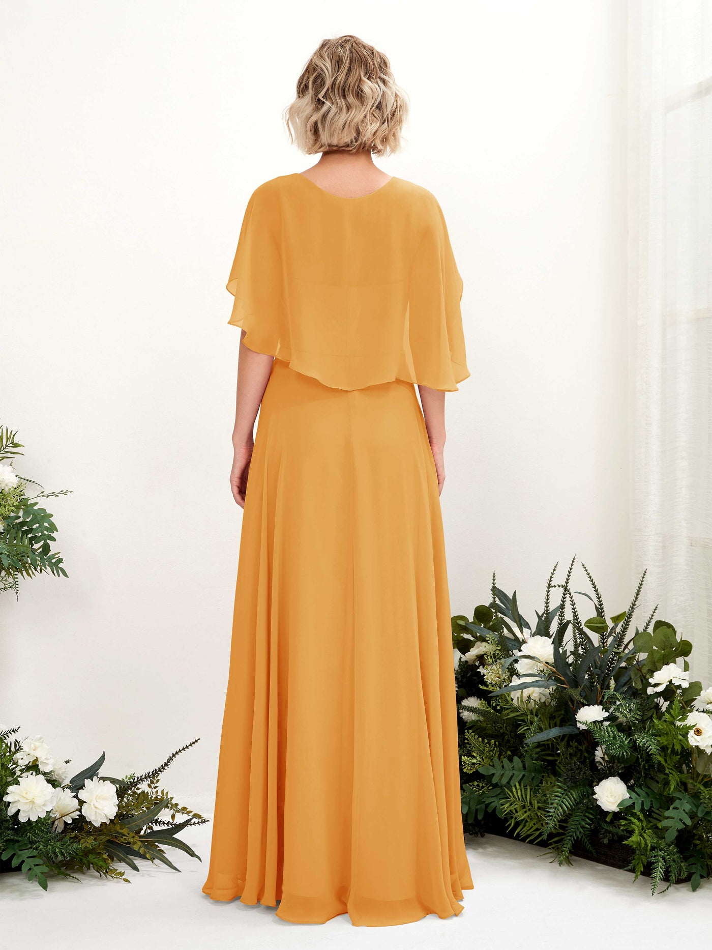 Mango Bridesmaid Dresses Bridesmaid Dress A-line Chiffon V-neck Full Length Short Sleeves Wedding Party Dress (81224402)#color_mango