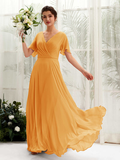 Mango Bridesmaid Dresses Bridesmaid Dress A-line Chiffon V-neck Full Length Short Sleeves Wedding Party Dress (81224602)#color_mango