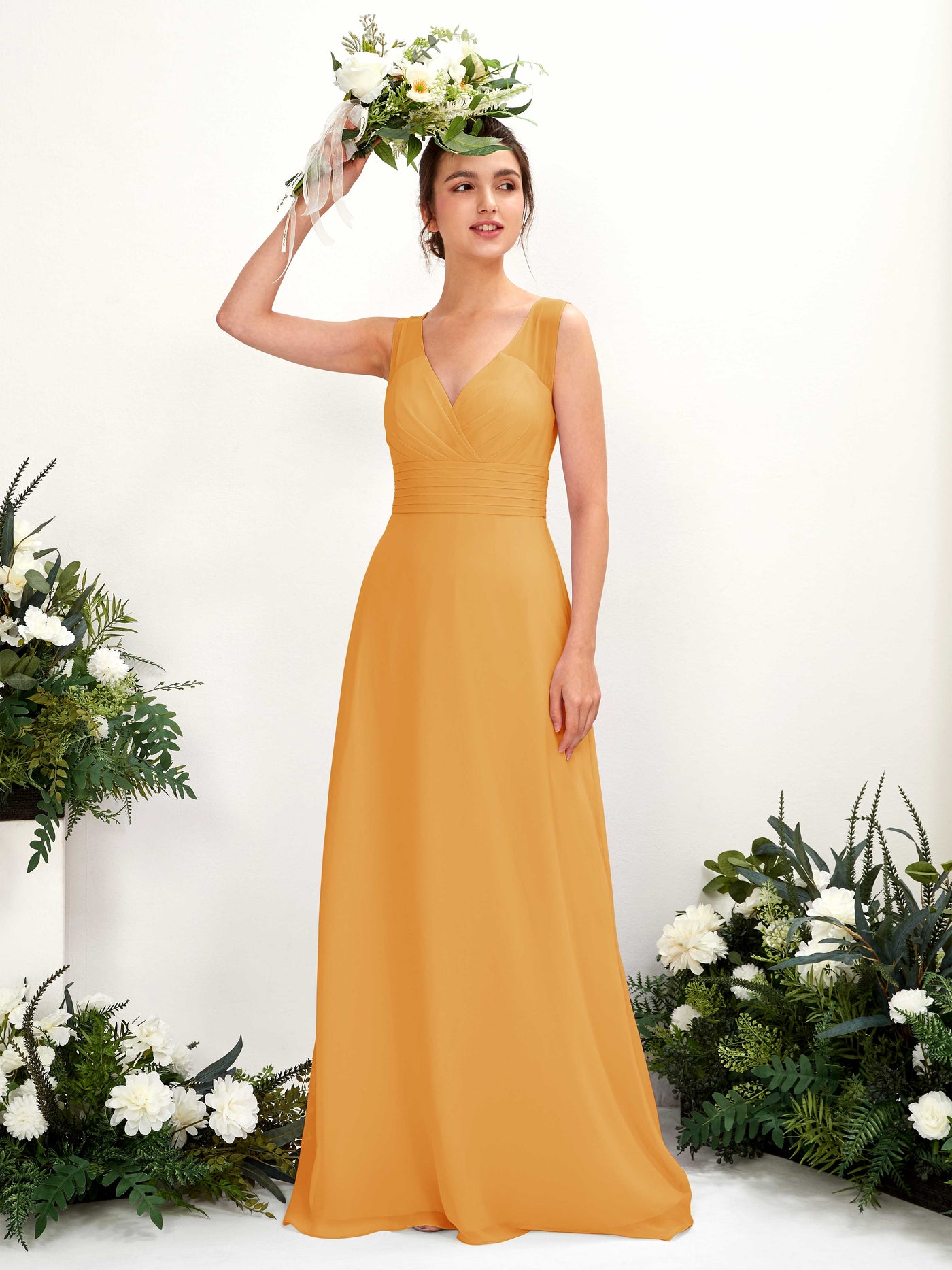 Mango Bridesmaid Dresses Bridesmaid Dress A-line Chiffon Straps Full Length Sleeveless Wedding Party Dress (81220902)#color_mango