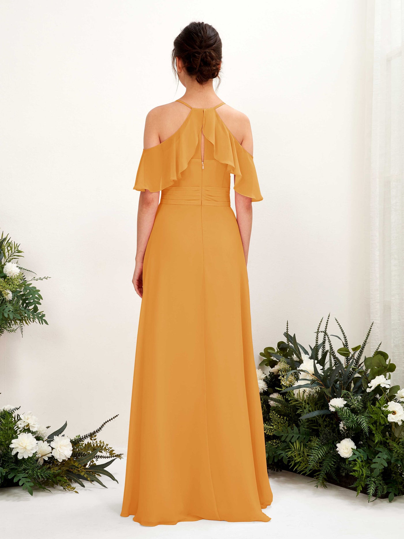 Ball Gown Off Shoulder Spaghetti-straps Chiffon Bridesmaid Dress - Mango (81221702)#color_mango