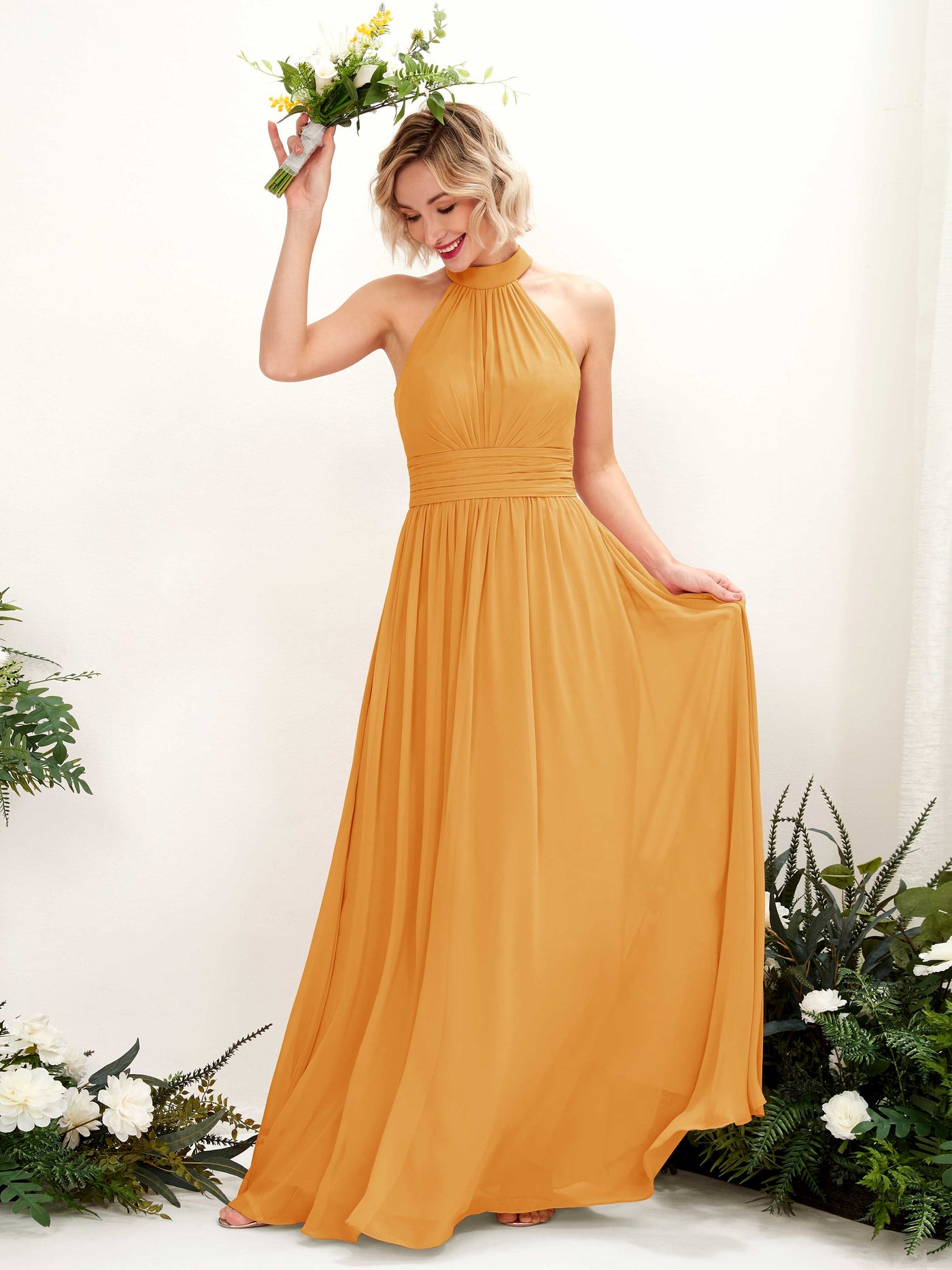 Mango Bridesmaid Dresses Bridesmaid Dress A-line Chiffon Halter Full Length Sleeveless Wedding Party Dress (81225302)#color_mango