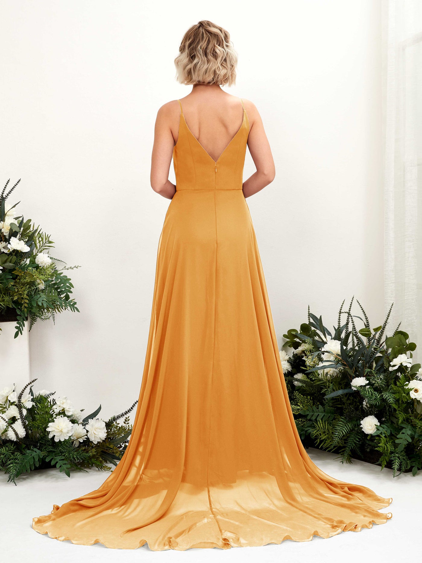 Mango Bridesmaid Dresses Bridesmaid Dress A-line Chiffon V-neck Full Length Sleeveless Wedding Party Dress (81224102)#color_mango