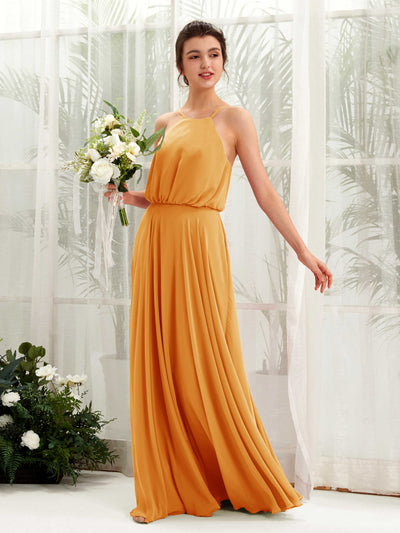 Carlyna Alva A-Line Mango Bridesmaid Dress Maxi Sleeveless Halter Dress Front View #color_mango