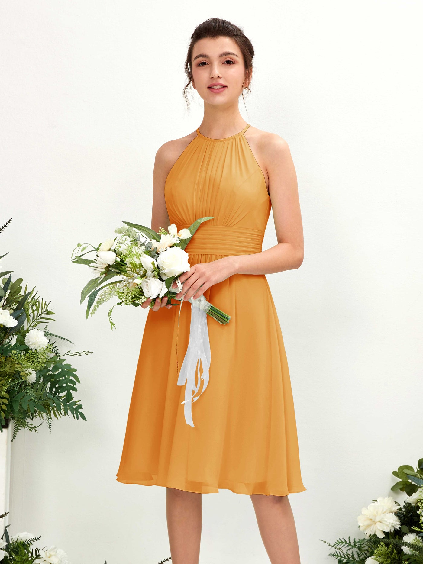 Mango Bridesmaid Dresses Bridesmaid Dress A-line Chiffon Halter Knee Length Sleeveless Wedding Party Dress (81220102)#color_mango
