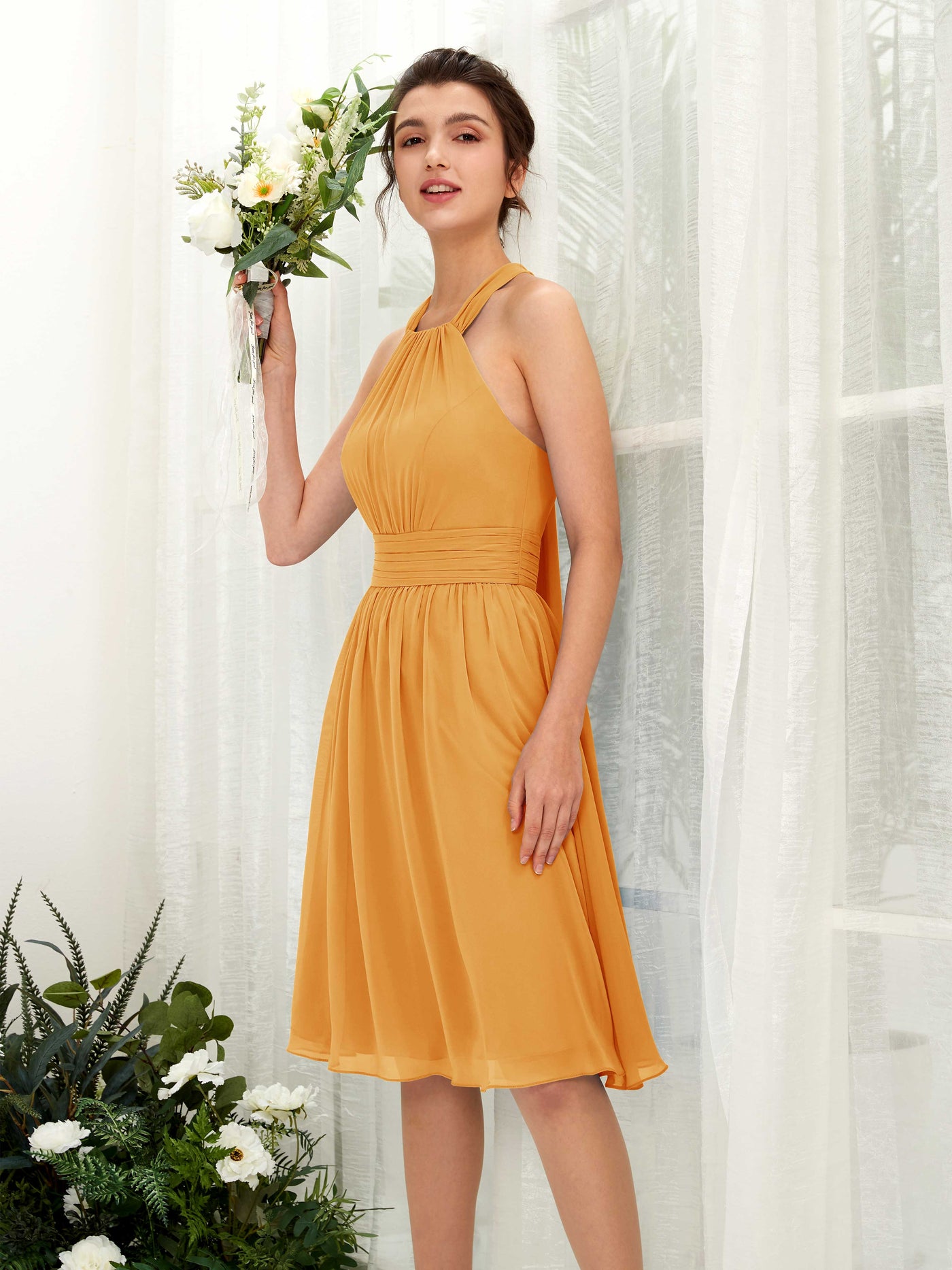 Mango Bridesmaid Dresses Bridesmaid Dress A-line Chiffon Halter Knee Length Sleeveless Wedding Party Dress (81222602)#color_mango