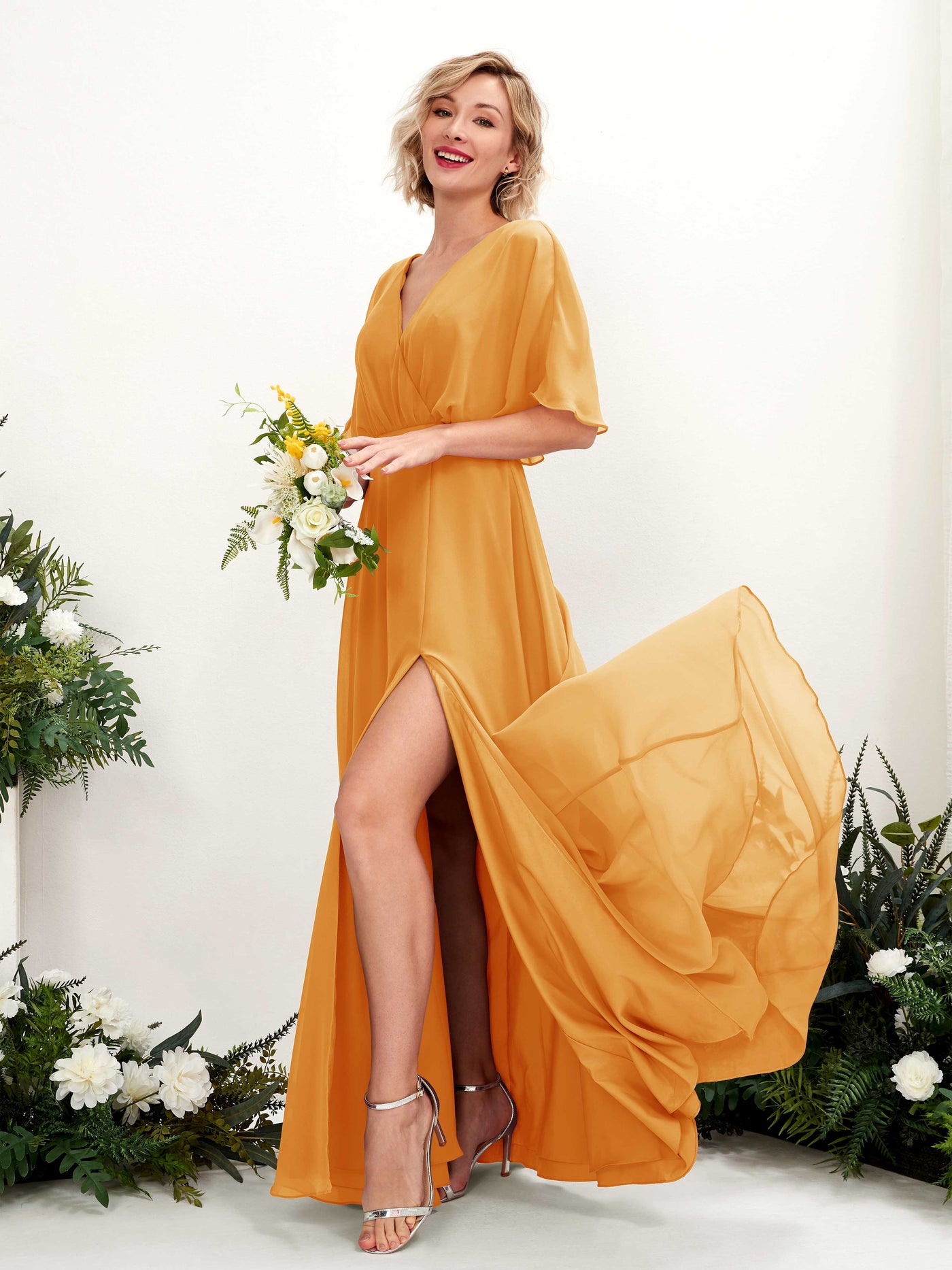Mango Bridesmaid Dresses Bridesmaid Dress A-line Chiffon V-neck Full Length Short Sleeves Wedding Party Dress (81225102)#color_mango