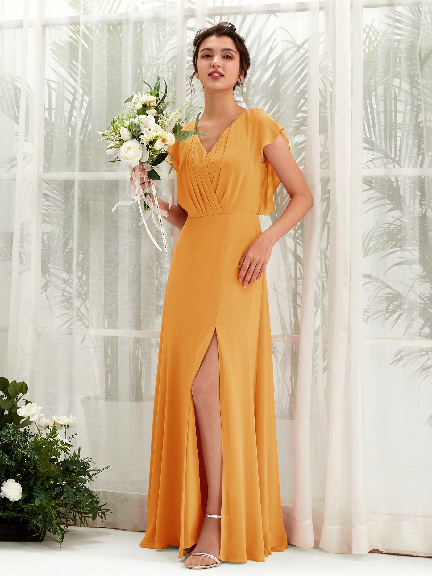 Mango Bridesmaid Dresses Bridesmaid Dress A-line Chiffon V-neck Full Length Short Sleeves Wedding Party Dress (81225602)#color_mango