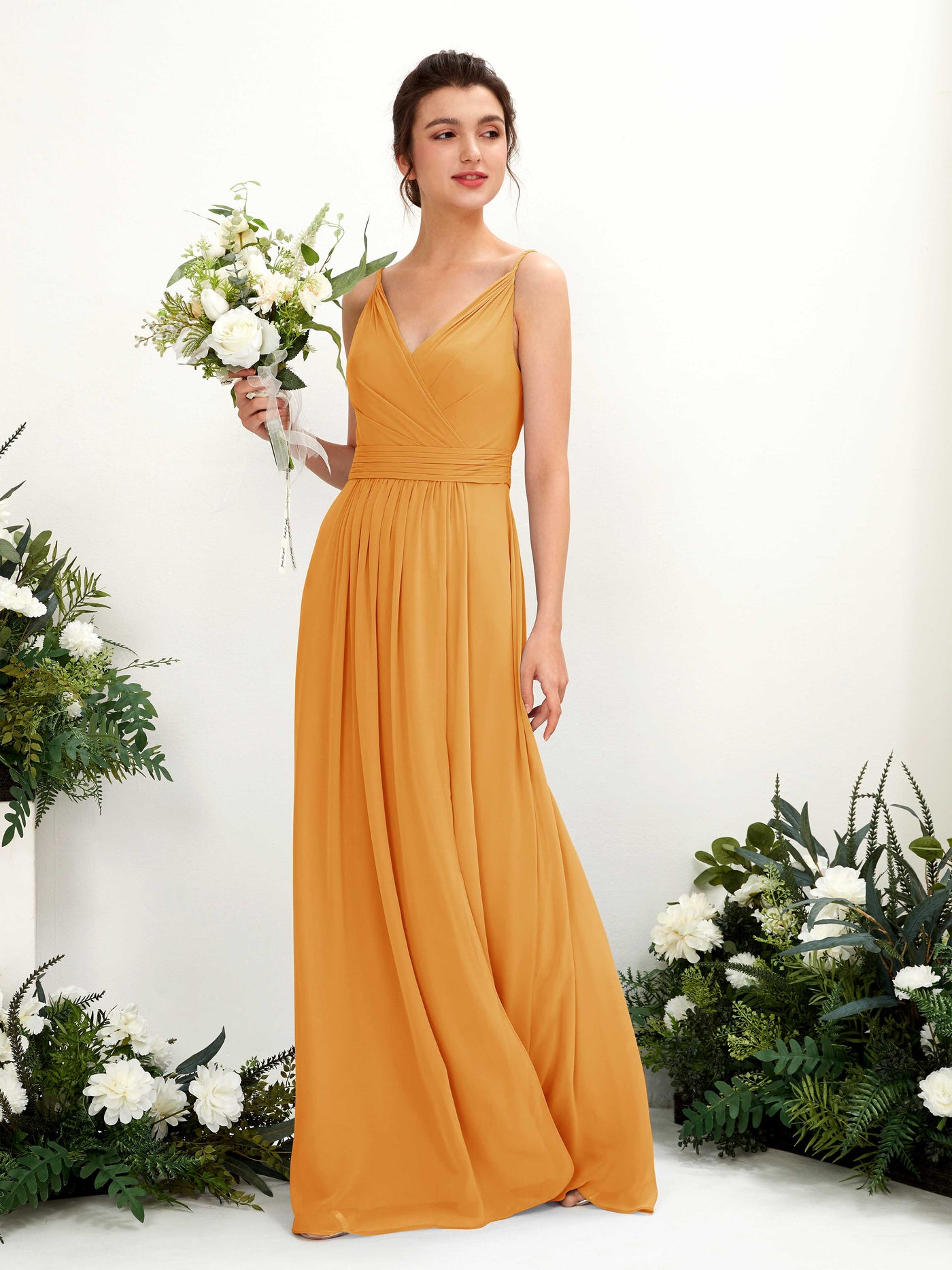 Mango Bridesmaid Dresses Bridesmaid Dress A-line Chiffon Spaghetti-straps Full Length Sleeveless Wedding Party Dress (81223902)#color_mango