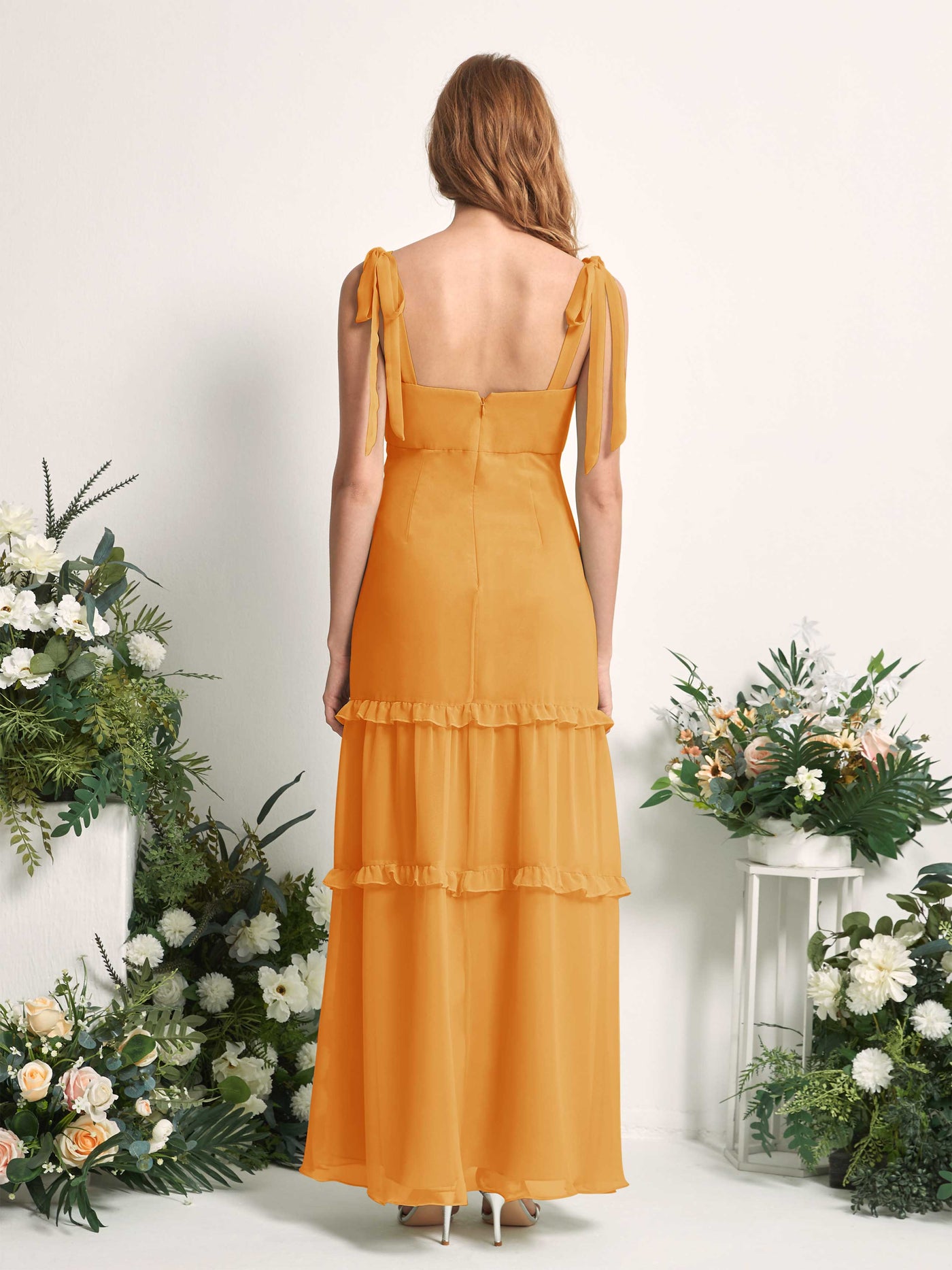 Bridesmaid Dress Chiffon Straps Full Length Sleeveless Wedding Party Dress - Mango (81227502)#color_mango