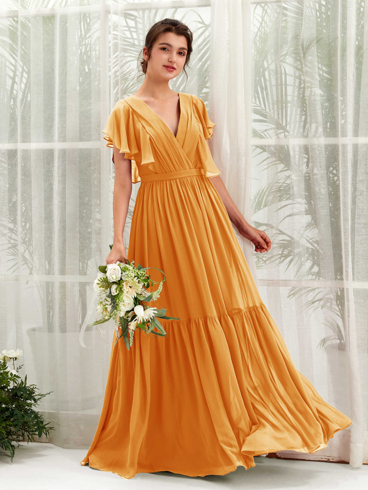 Mango Bridesmaid Dresses Bridesmaid Dress A-line Chiffon V-neck Full Length Short Sleeves Wedding Party Dress (81225902)
