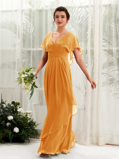 Open back V-neck Short Sleeves Chiffon Bridesmaid Dress - Mango (81226102)#color_mango