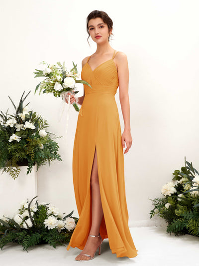 Mango Bridesmaid Dresses Bridesmaid Dress A-line Chiffon Spaghetti-straps Full Length Sleeveless Wedding Party Dress (81225402)#color_mango