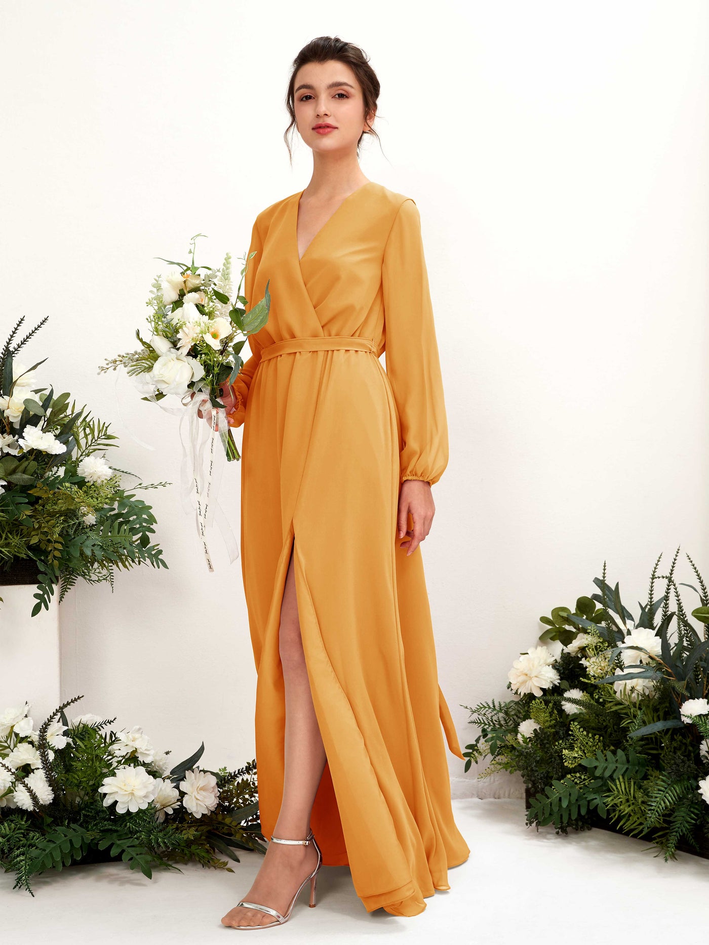 Mango Bridesmaid Dresses Bridesmaid Dress A-line Chiffon V-neck Full Length Long Sleeves Wedding Party Dress (81223202)#color_mango