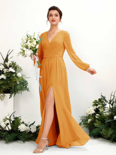 Mango Bridesmaid Dresses Bridesmaid Dress A-line Chiffon V-neck Full Length Long Sleeves Wedding Party Dress (81223802)#color_mango