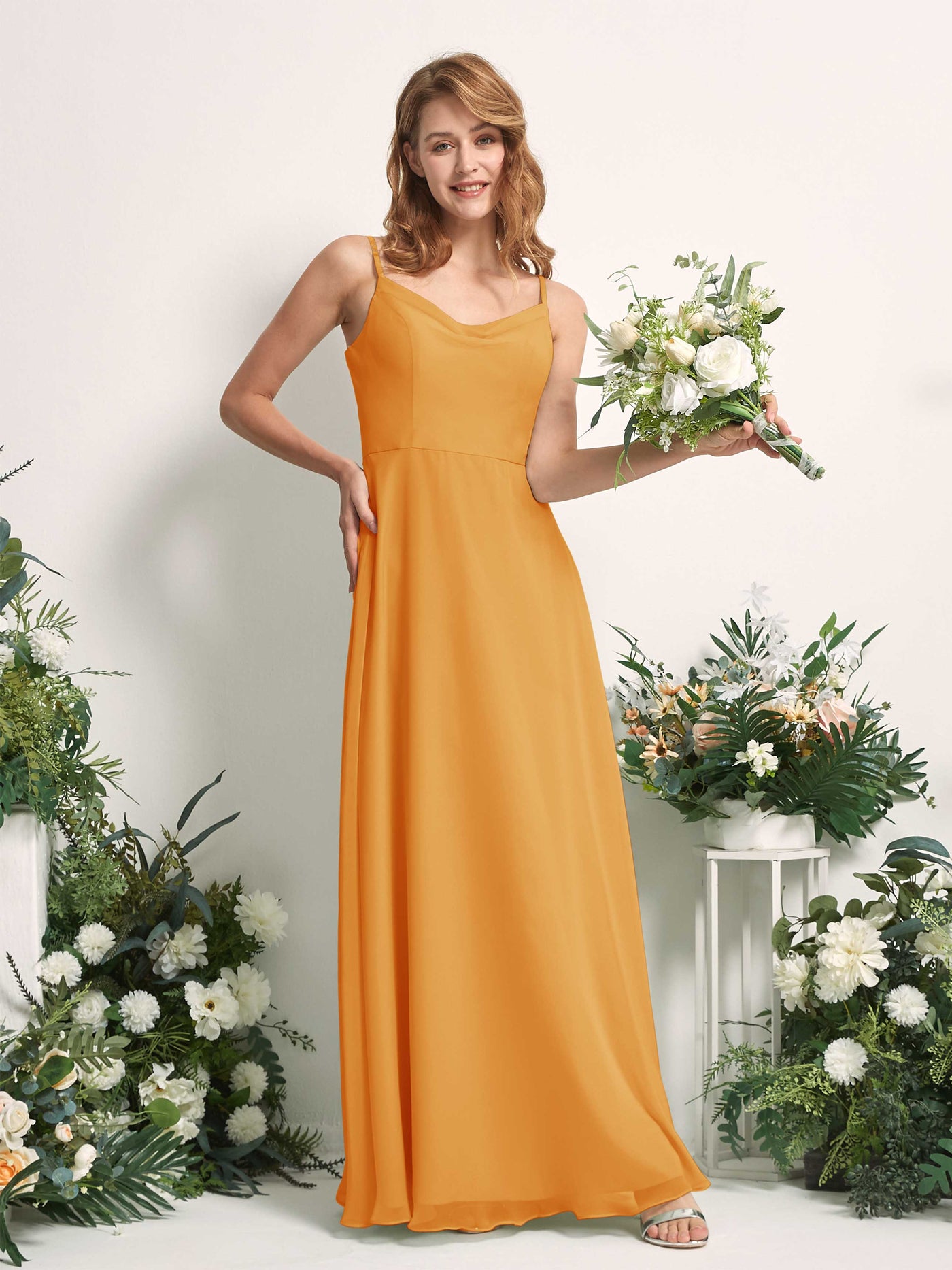Bridesmaid Dress A-line Chiffon Spaghetti-straps Full Length Sleeveless Wedding Party Dress - Mango (81227202)#color_mango