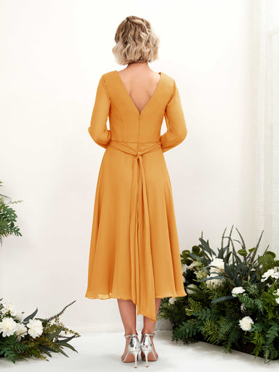 Carlyna Joanna A-Line Mango Bridesmaid Dress Midi Long Sleeve V-Neck Back View #color_mango