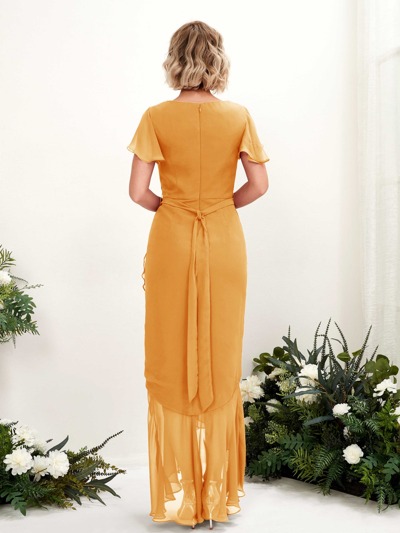 V-neck Short Sleeves Chiffon Bridesmaid Dress - Mango (81226202)#color_mango