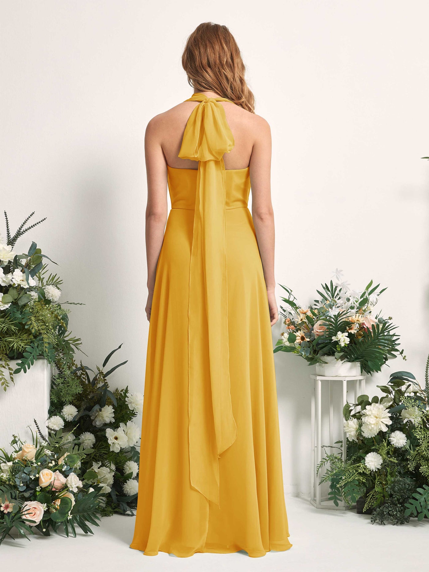 Mustard Yellow Bridesmaid Dresses Bridesmaid Dress A-line Chiffon Halter Full Length Short Sleeves Wedding Party Dress (81226333)#color_mustard-yellow