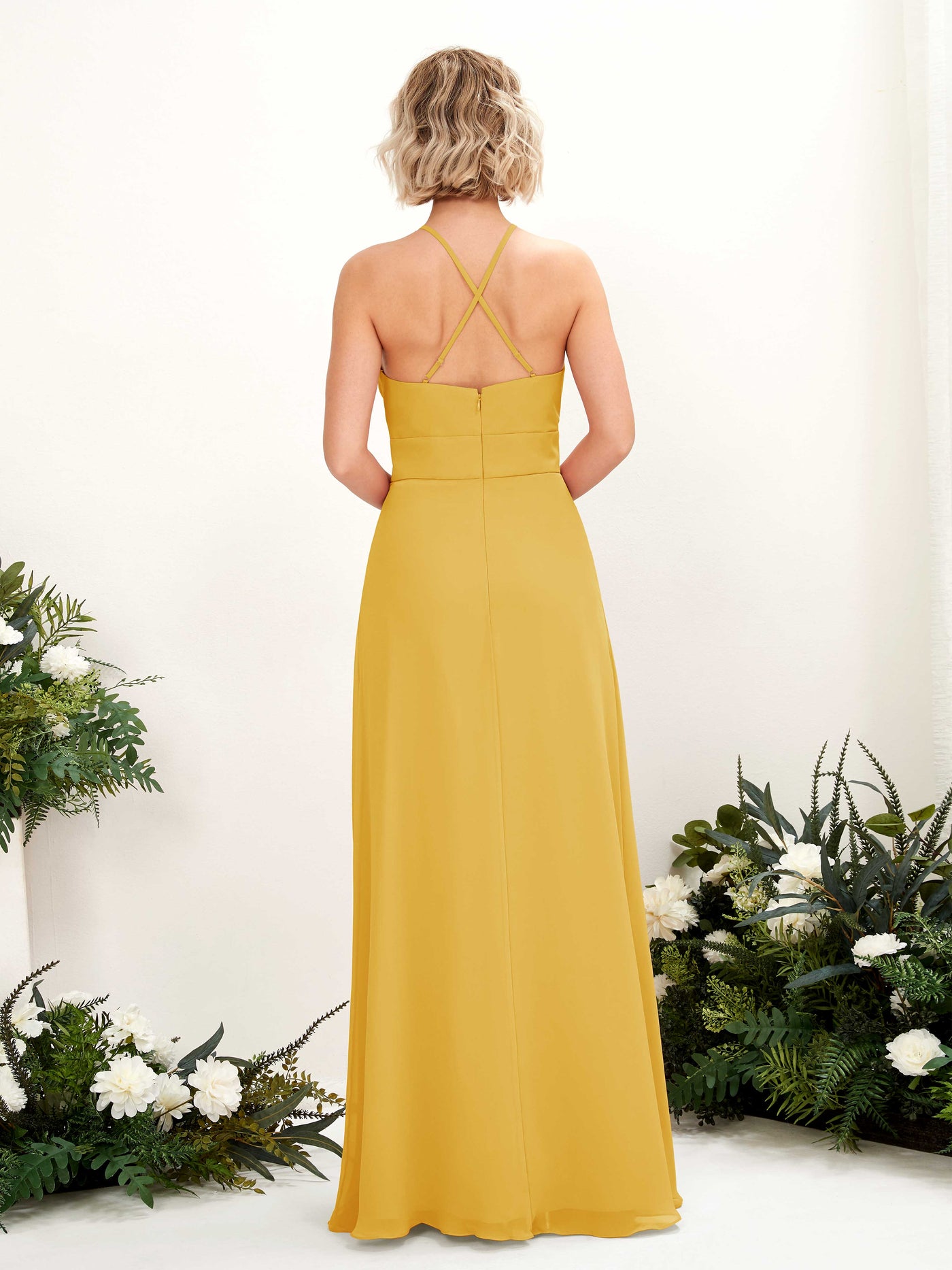 Mustard Yellow Bridesmaid Dresses Bridesmaid Dress A-line Chiffon Halter Full Length Sleeveless Wedding Party Dress (81225233)#color_mustard-yellow