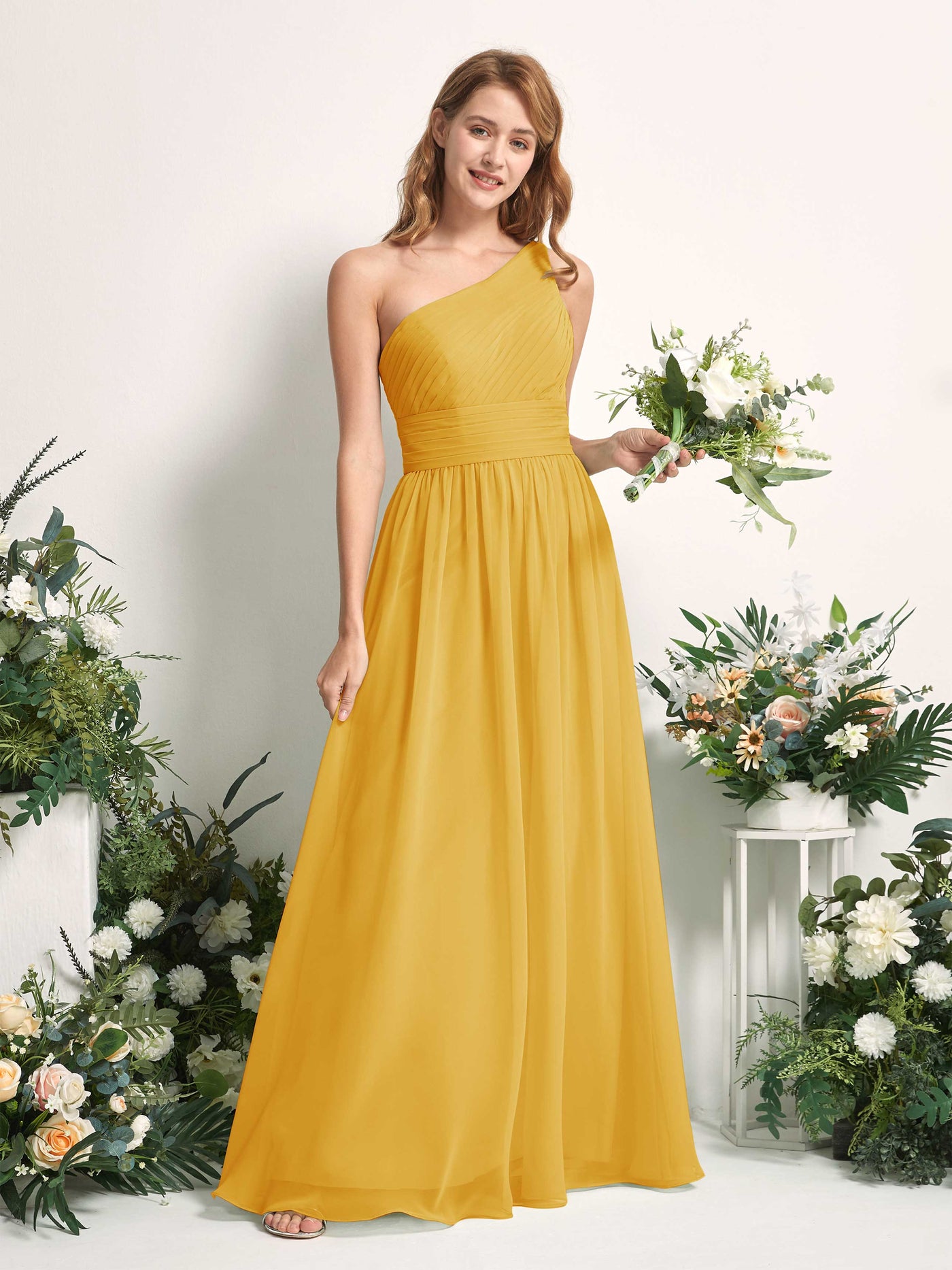 Bridesmaid Dress A-line Chiffon One Shoulder Full Length Sleeveless Wedding Party Dress - Mustard Yellow (81226733)#color_mustard-yellow