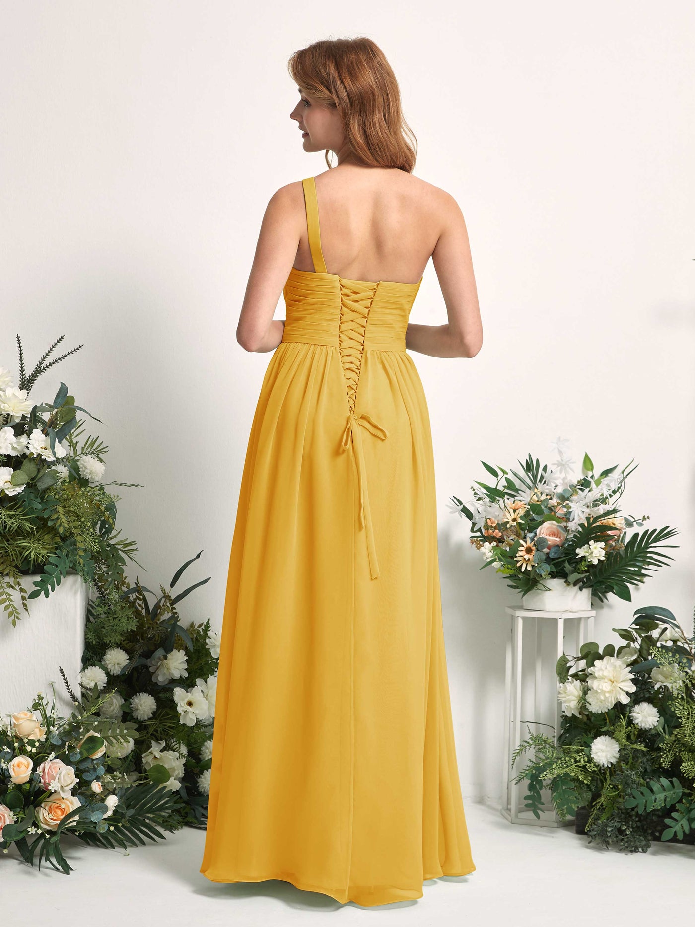 Bridesmaid Dress A-line Chiffon One Shoulder Full Length Sleeveless Wedding Party Dress - Mustard Yellow (81226733)#color_mustard-yellow