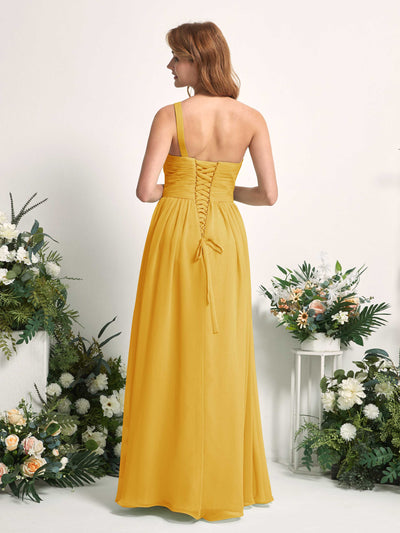 Carlyna Pandora A-Line Mustard Yellow Bridesmaid Dress Maxi Sleeveless One Shoulder Dress Back View #color_mustard-yellow