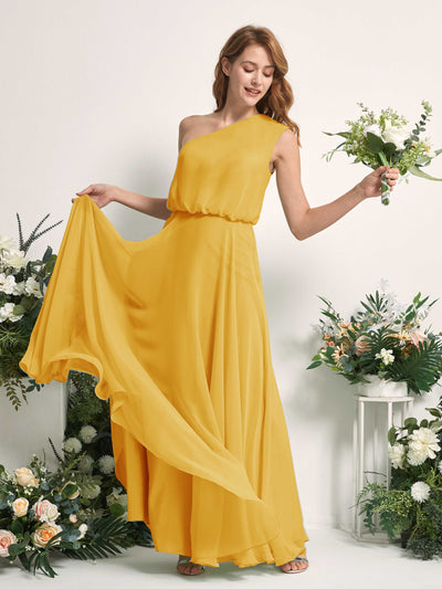 Carlyna Cecily A-Line Mustard Yellow Bridesmaid Dress Maxi Sleeveless One Shoulder Dress Side View 2 #color_mustard-yellow
