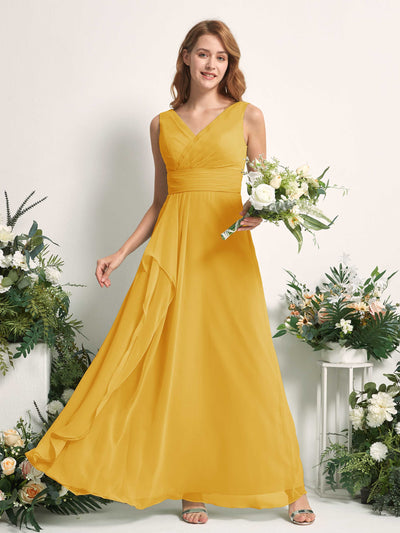 Carlyna Mollie A-Line Mustard Yellow Bridesmaid Dress Maxi Sleeveless V-Neck Dress Front View #color_mustard-yellow