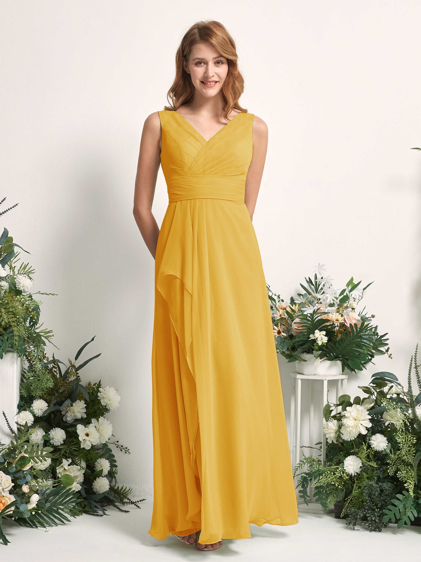 Bridesmaid Dress A-line Chiffon V-neck Full Length Sleeveless Wedding Party Dress - Mustard Yellow (81227133)#color_mustard-yellow