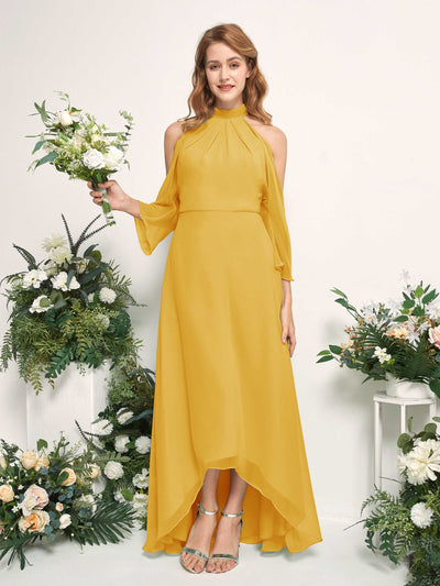 Bridesmaid Dress A-line Chiffon Halter High Low 3/4 Sleeves Wedding Party Dress - Mustard Yellow (81227633)#color_mustard-yellow