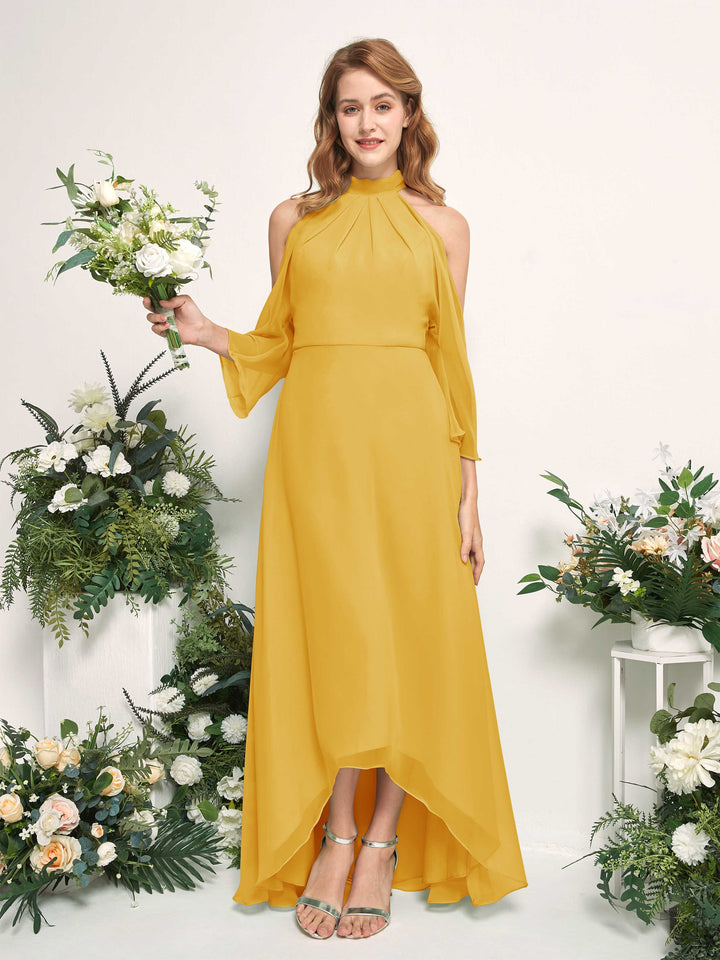 Bridesmaid Dress A-line Chiffon Halter High Low 3/4 Sleeves Wedding Party Dress - Mustard Yellow (81227633)