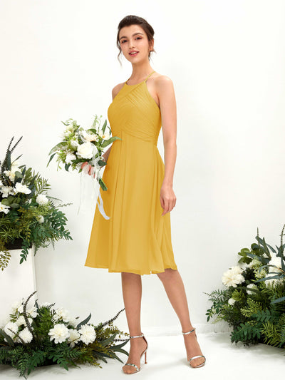 Carlyna Davina A-Line Mustard Yellow Bridesmaid Dress Knee-Length Sleeveless Round Neck Dress Front View #color_mustard-yellow