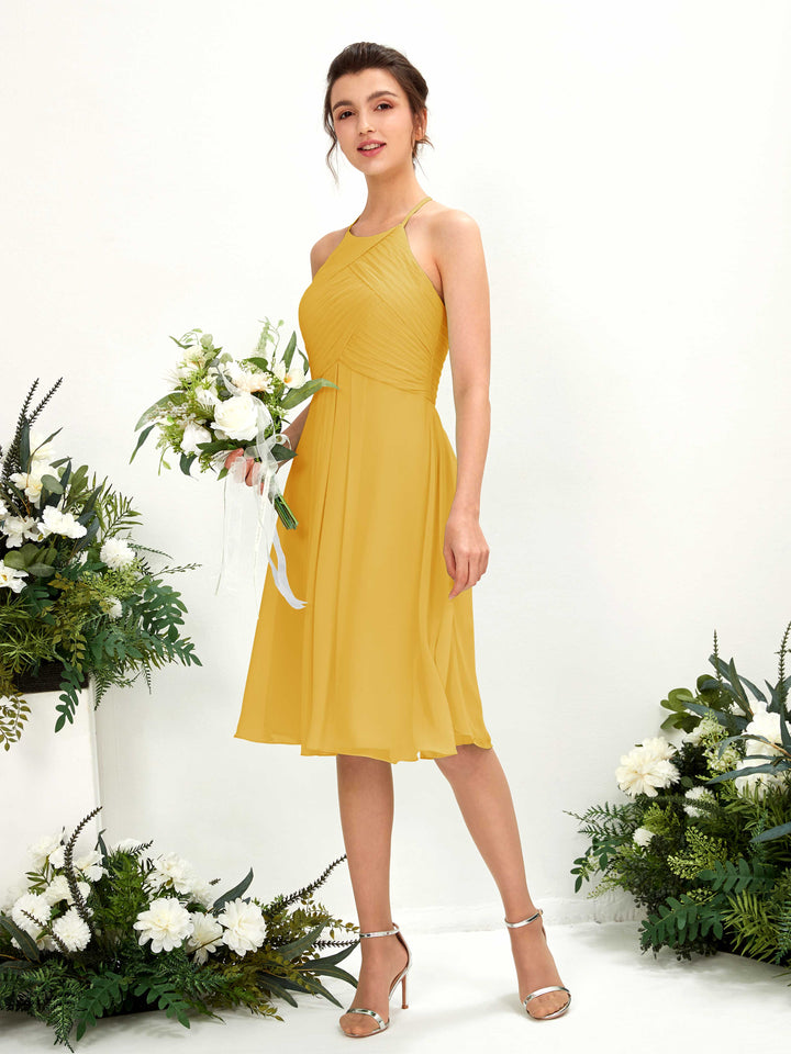 Mustard Yellow Bridesmaid Dresses Bridesmaid Dress A-line Chiffon Halter Knee Length Sleeveless Wedding Party Dress (81220433)