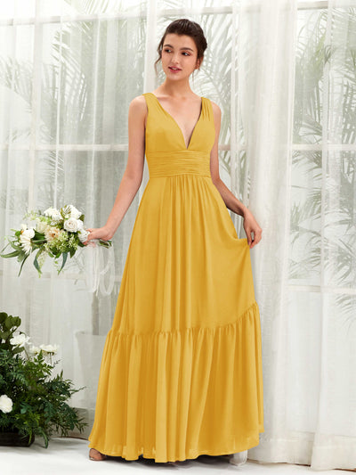 Carlyna Alissa A-Line Mustard Yellow Bridesmaid Dress Maxi Sleeveless V-Neck Dress Front View #color_mustard-yellow