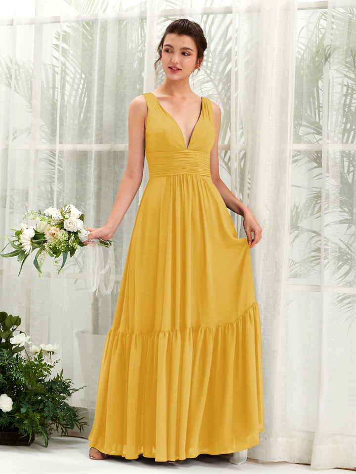 Mustard Yellow Bridesmaid Dresses Bridesmaid Dress A-line Chiffon Straps Full Length Sleeveless Wedding Party Dress (80223733)