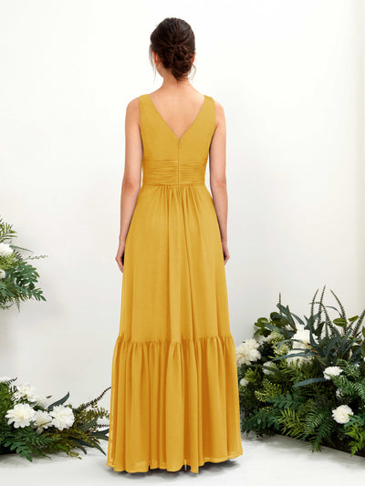 Carlyna Alissa A-Line Mustard Yellow Bridesmaid Dress Maxi Sleeveless V-Neck Dress Back View #color_mustard-yellow