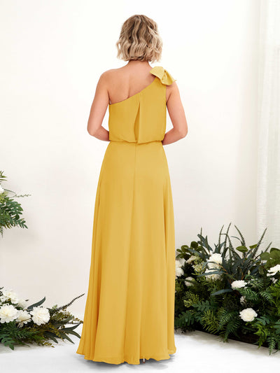 Carlyna Laurel A-Line Mustard Yellow Bridesmaid Dress Maxi Sleeveless One Shoulder Dress Back View #color_mustard-yellow