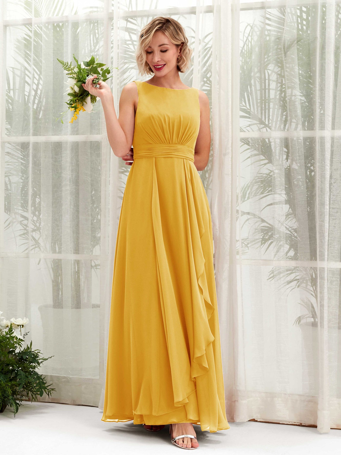 Mustard Yellow Bridesmaid Dresses Bridesmaid Dress A-line Chiffon Bateau Full Length Sleeveless Wedding Party Dress (81225833)#color_mustard-yellow