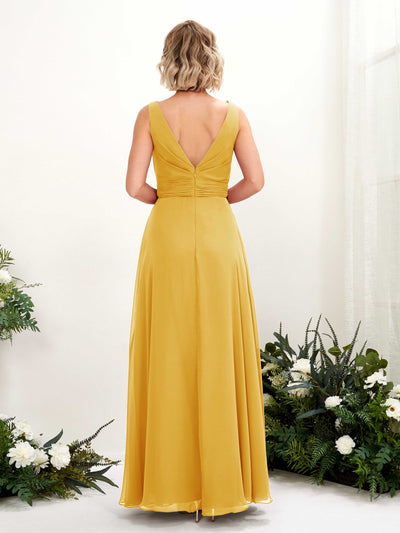 Carlyna Brianna A-Line Mustard Yellow Bridesmaid Dress Maxi Sleeveless Boat Neck Dress Back View #color_mustard-yellow