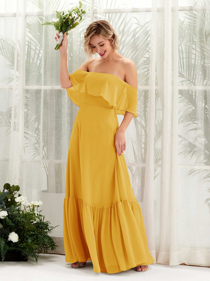 Mustard Yellow Bridesmaid Dresses Bridesmaid Dress A-line Chiffon Off Shoulder Full Length Sleeveless Wedding Party Dress (81224533)