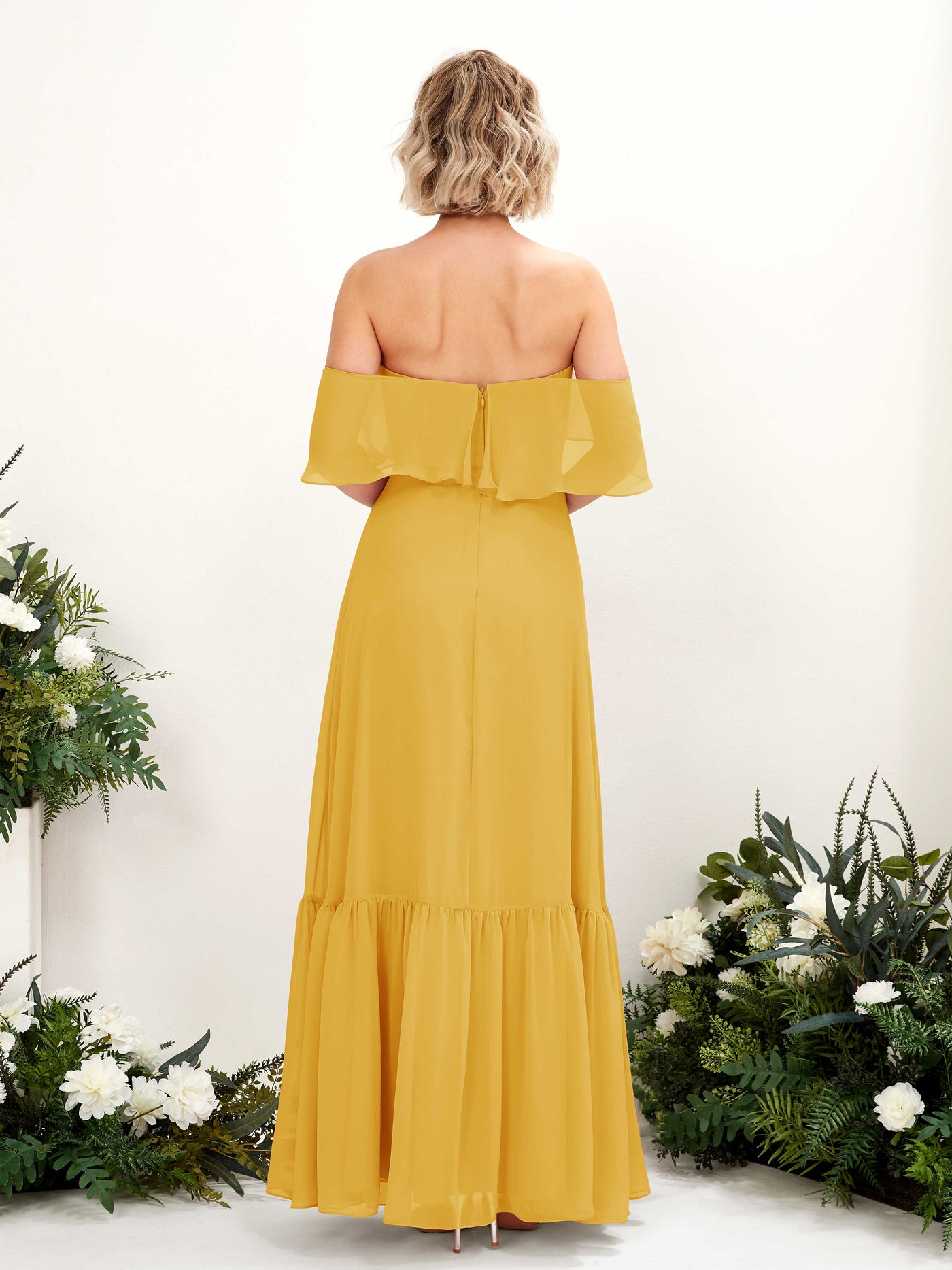 Mustard Yellow Bridesmaid Dresses Bridesmaid Dress A-line Chiffon Off Shoulder Full Length Sleeveless Wedding Party Dress (81224533)#color_mustard-yellow